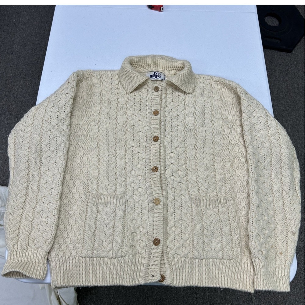 John Molloy Cardigan Sweater Womens L Cream Wool Cable Knit Button Front Ireland